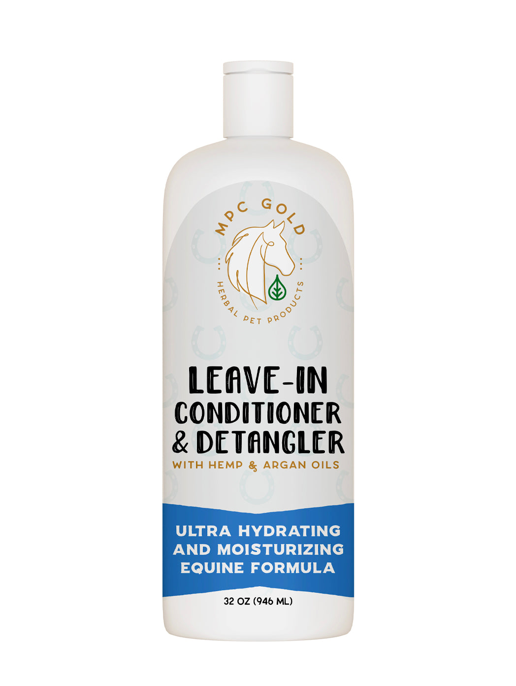 A bottle of MPC Gold leave-in conditioner and detangler for horses with hemp and argan oils.