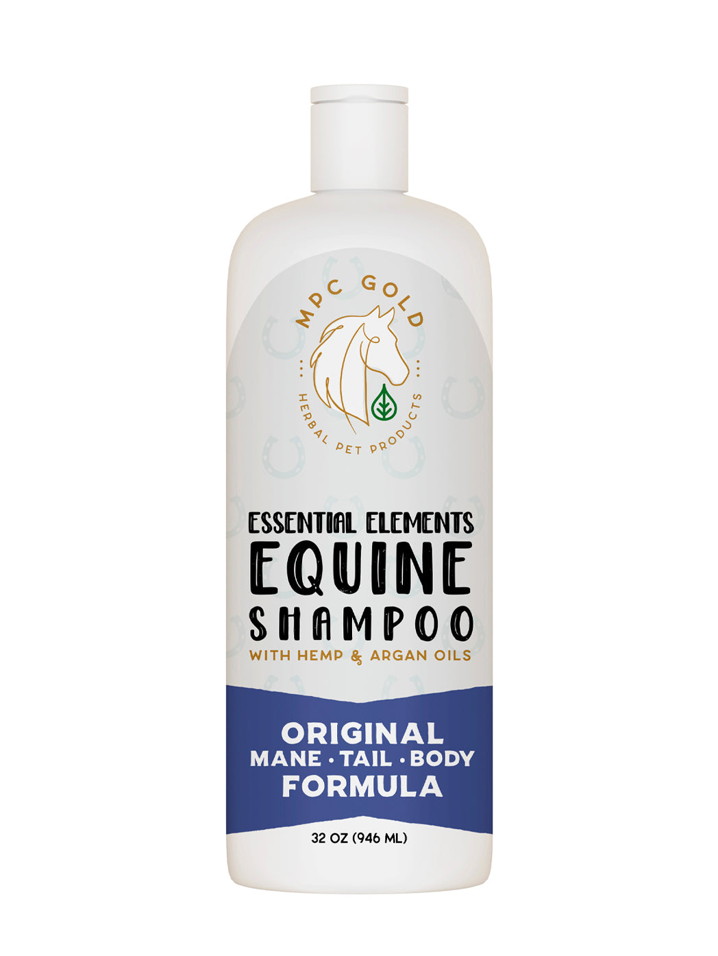 A bottle of Essential Elements Equine Shampoo with Hemp and Argan oils from MPC Gold.