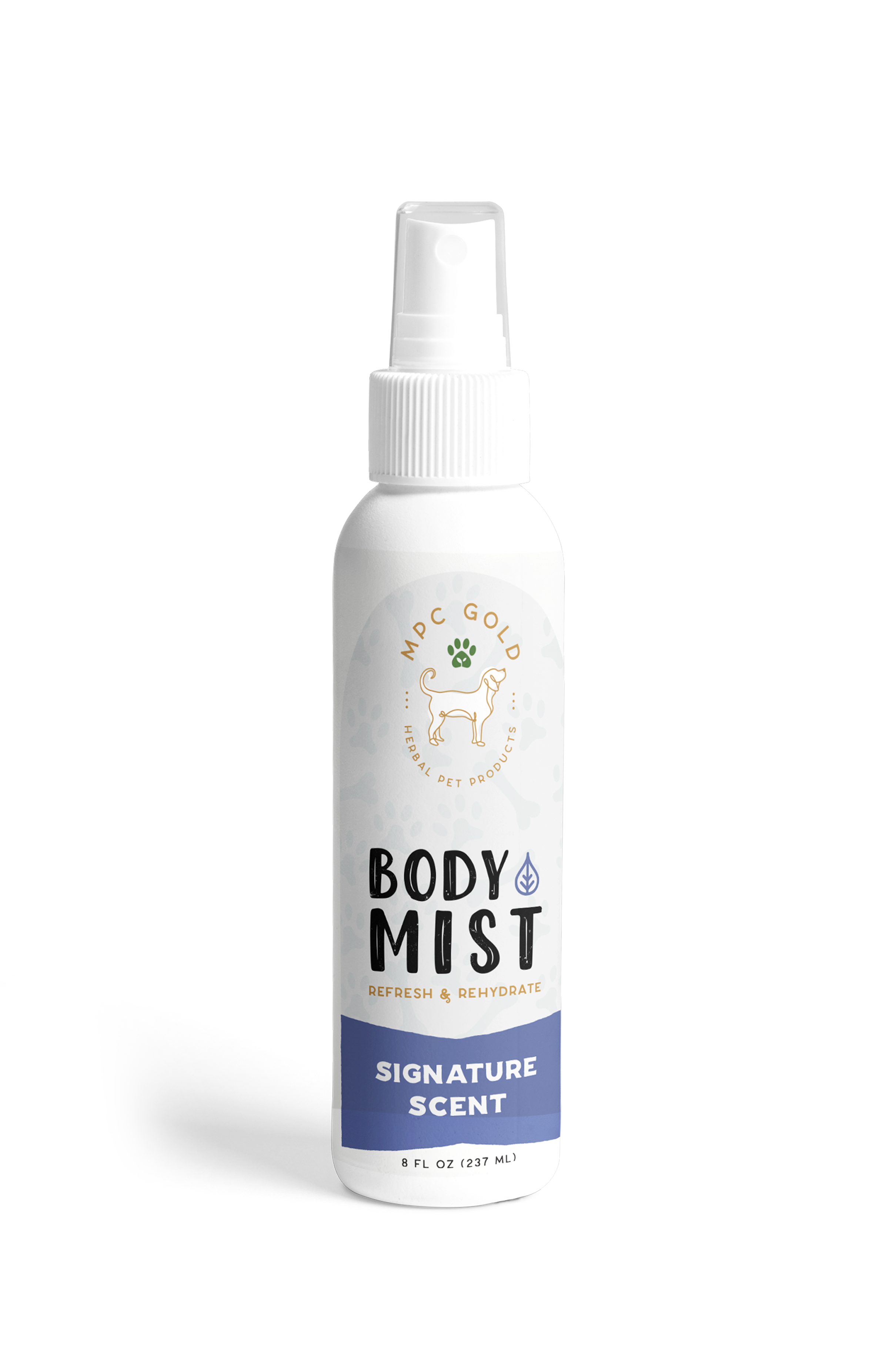 A white spray bottle labeled 'BODY MIST' with a signature scent from MPC Gold.