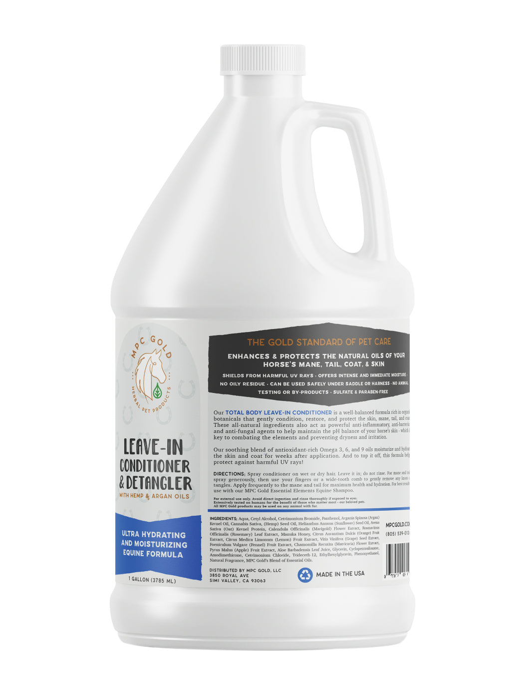 MPC Gold Essential Elements Leave-In Conditioner & Detangler for horses, gallon jug on white background.