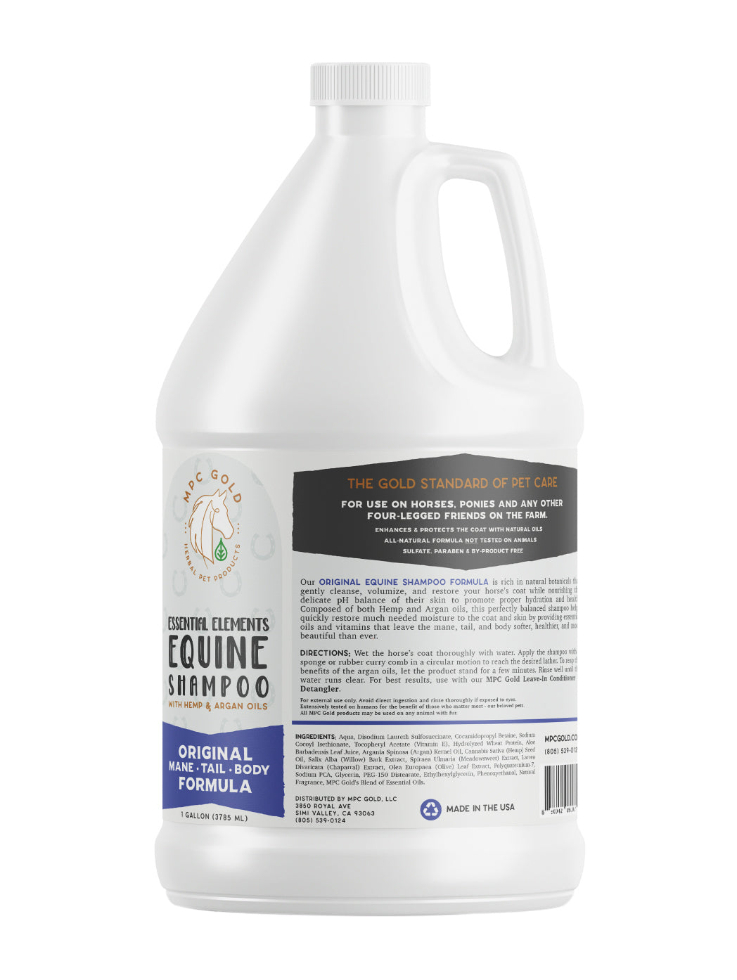 A bottle of Essential Elements Equine Shampoo with Hemp and Argan oils from MPC Gold.