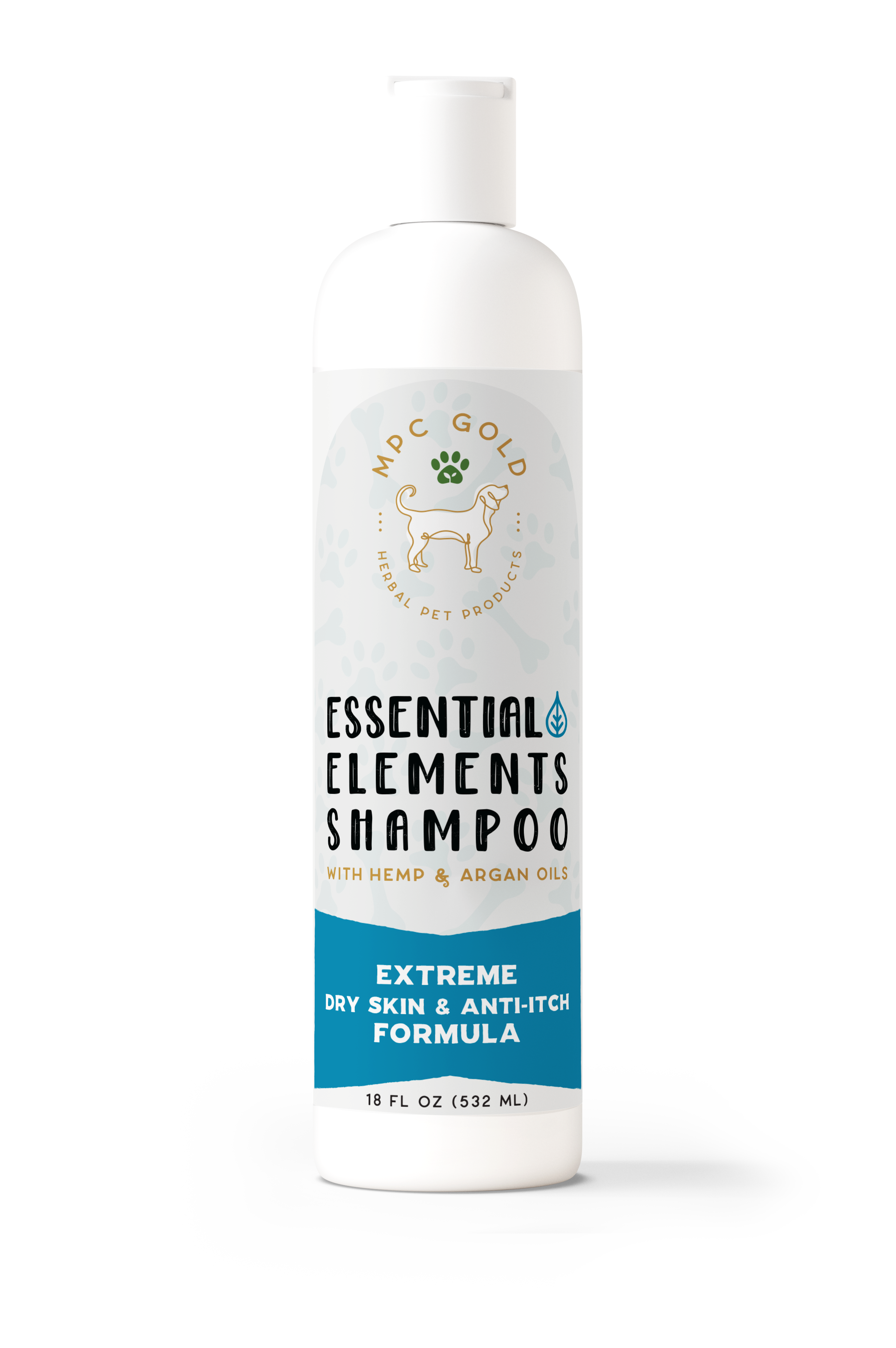 A bottle of MPC Gold Essential Elements Shampoo for pets with extreme dry skin and anti-itch formula.