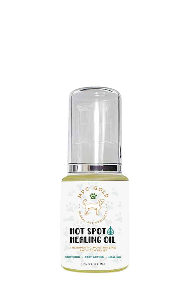 A bottle of Hot Spot Healing Oil with a white label, designed for pets and horses.
