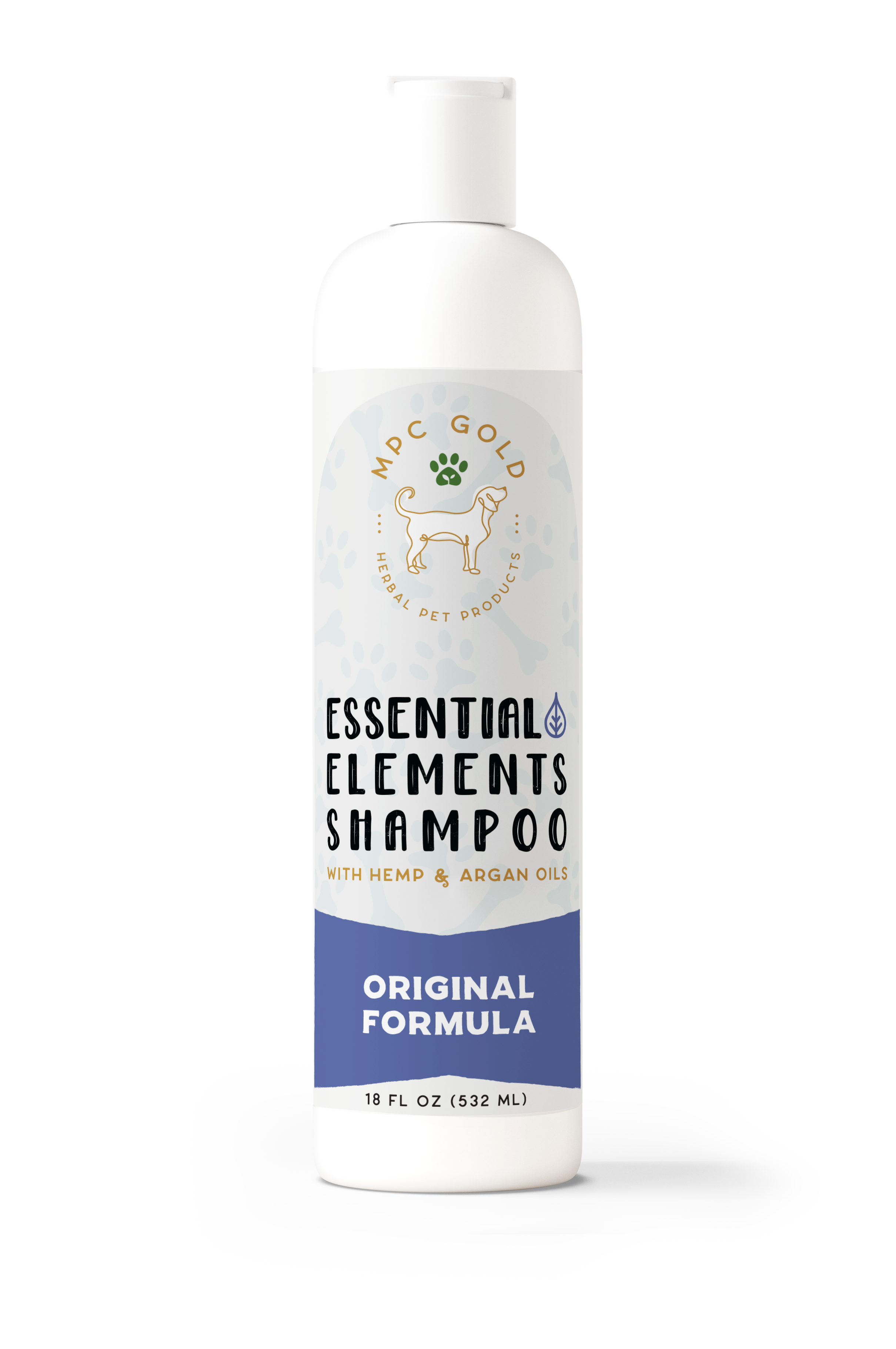 A bottle of MPC Gold Essential Elements Shampoo with Original Formula, indicating it is a pet care product.