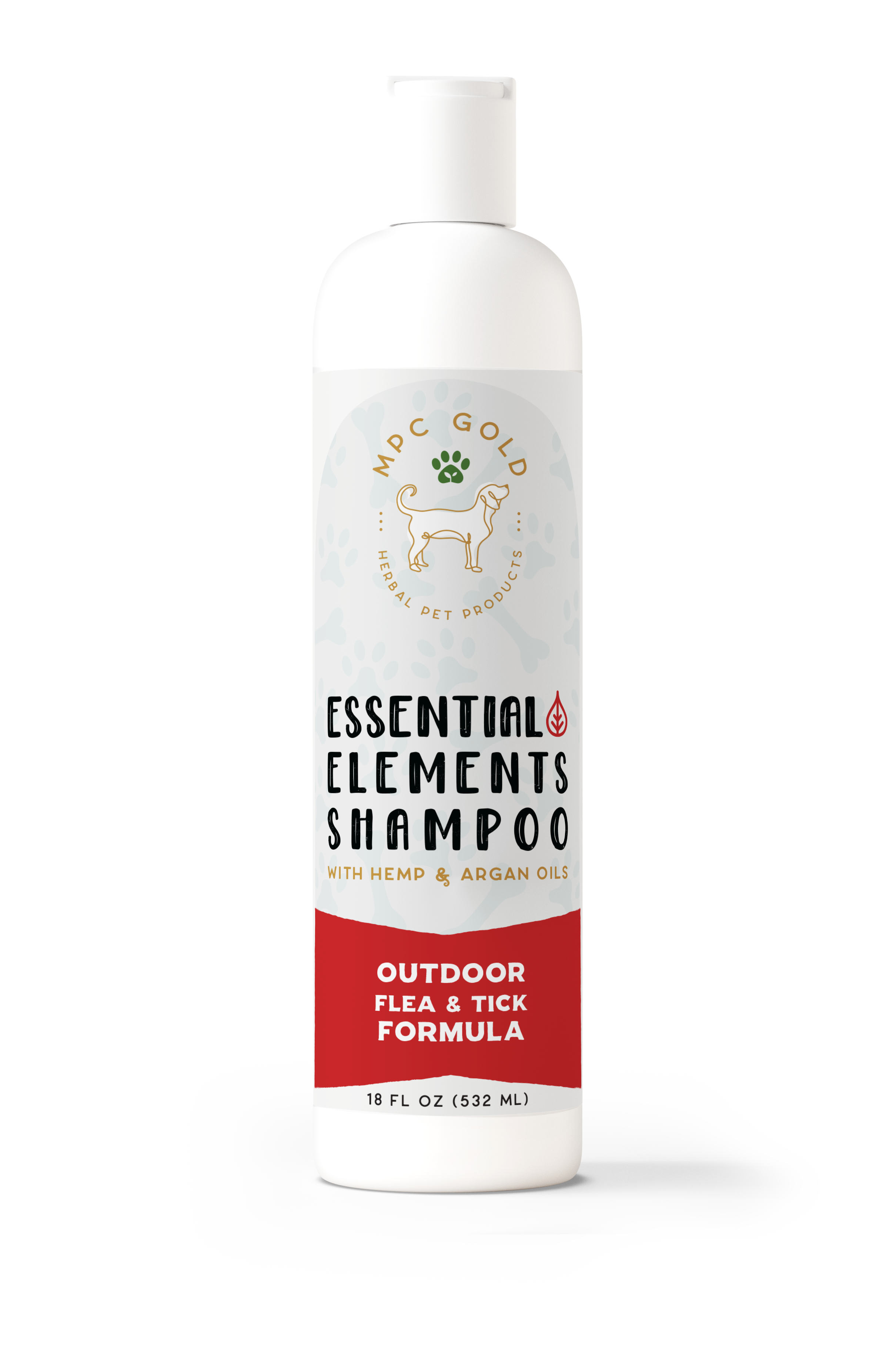 A bottle of MPC Gold Essential Elements Shampoo with the text 'OUTDOOR FORMULA' on the label, indicating it is designed for dogs.