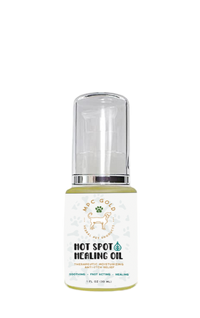 A bottle of Hot Spot Healing Oil with a white label, designed for pets and horses.
